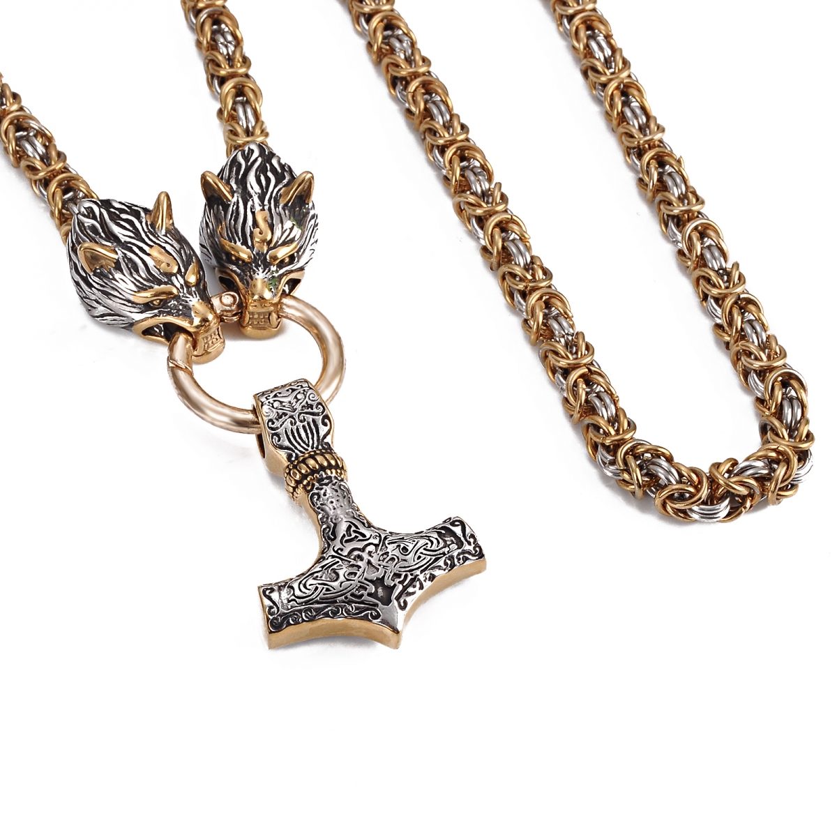 King Chain Wolves Holding Mjolnir Pendant US$14/PC-NORSECOLLECTION- Viking Jewelry,Viking Necklace,Viking Bracelet,Viking Rings,Viking Mugs,Viking Accessories,Viking Crafts