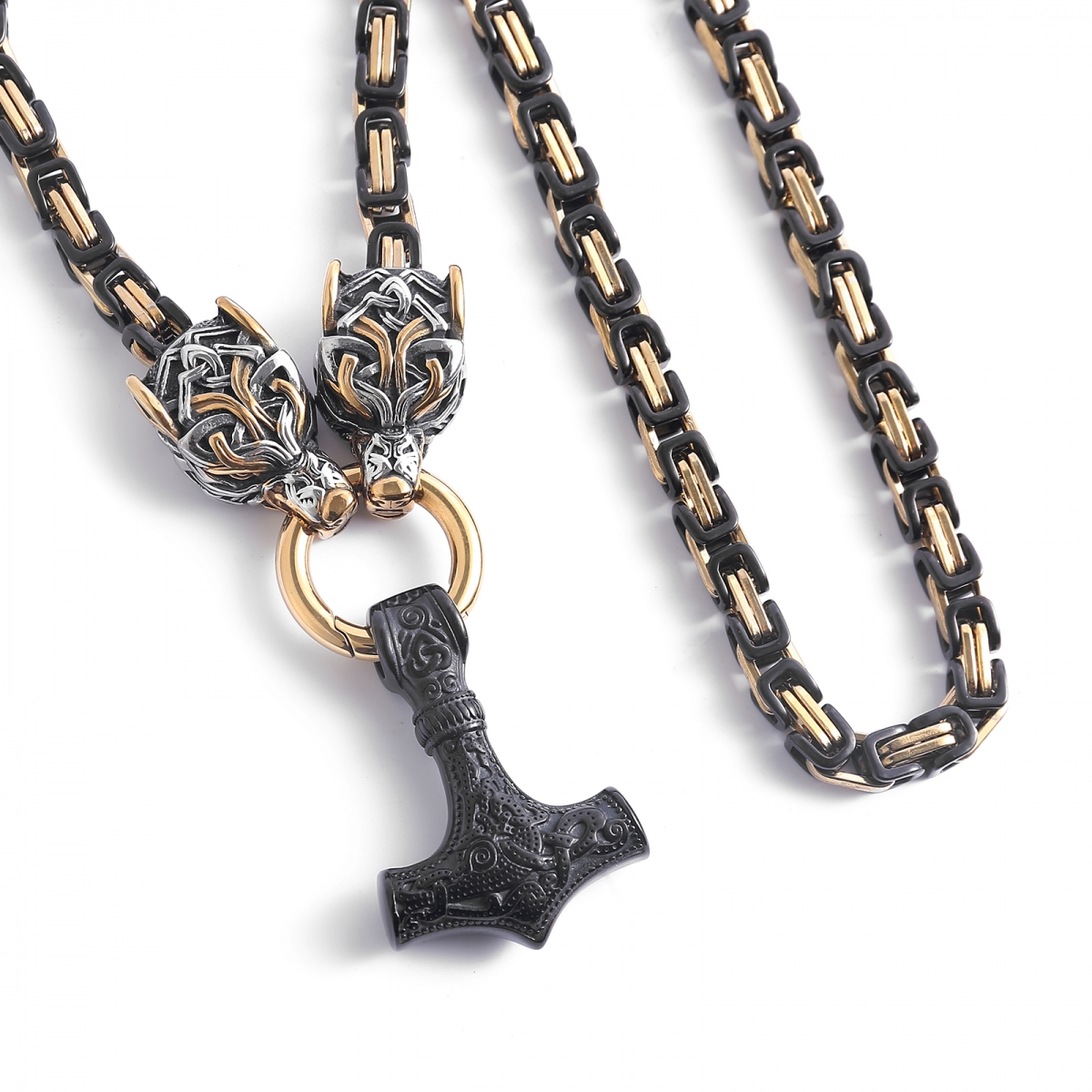 Wolf Hold Mjolnir Necklace King Chain US$12/PC-NORSECOLLECTION- Viking Jewelry,Viking Necklace,Viking Bracelet,Viking Rings,Viking Mugs,Viking Accessories,Viking Crafts