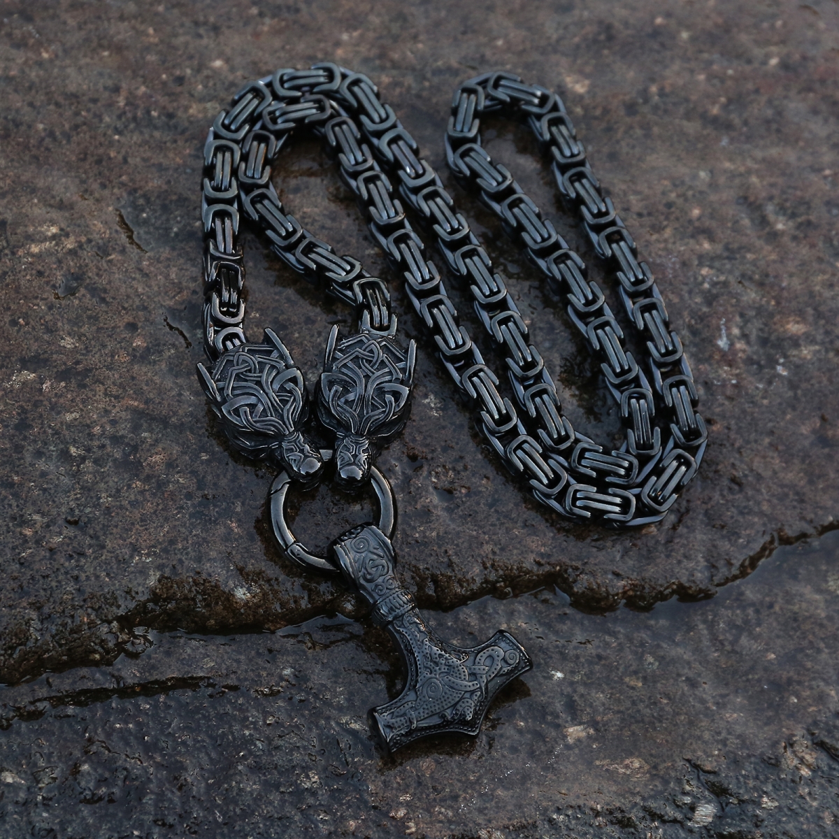 Wolf Hold Mjolnir Necklace King Chain US$12/PC-NORSECOLLECTION- Viking Jewelry,Viking Necklace,Viking Bracelet,Viking Rings,Viking Mugs,Viking Accessories,Viking Crafts